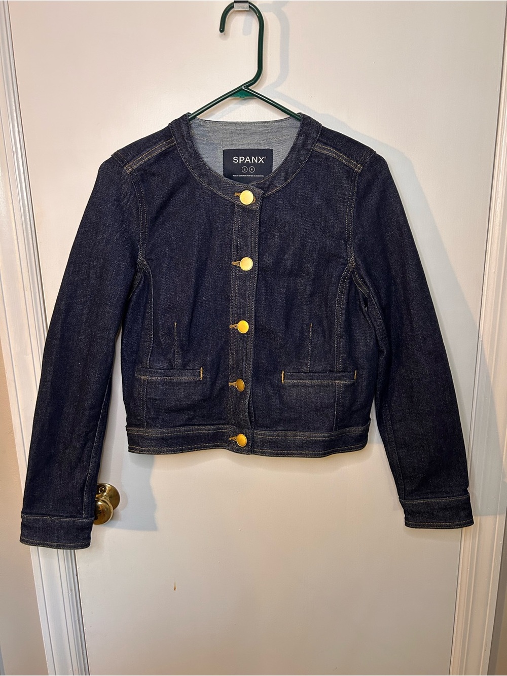 SPANX RAW INDIGO DENIM COLLARLESS JACKET SIZE SMALL